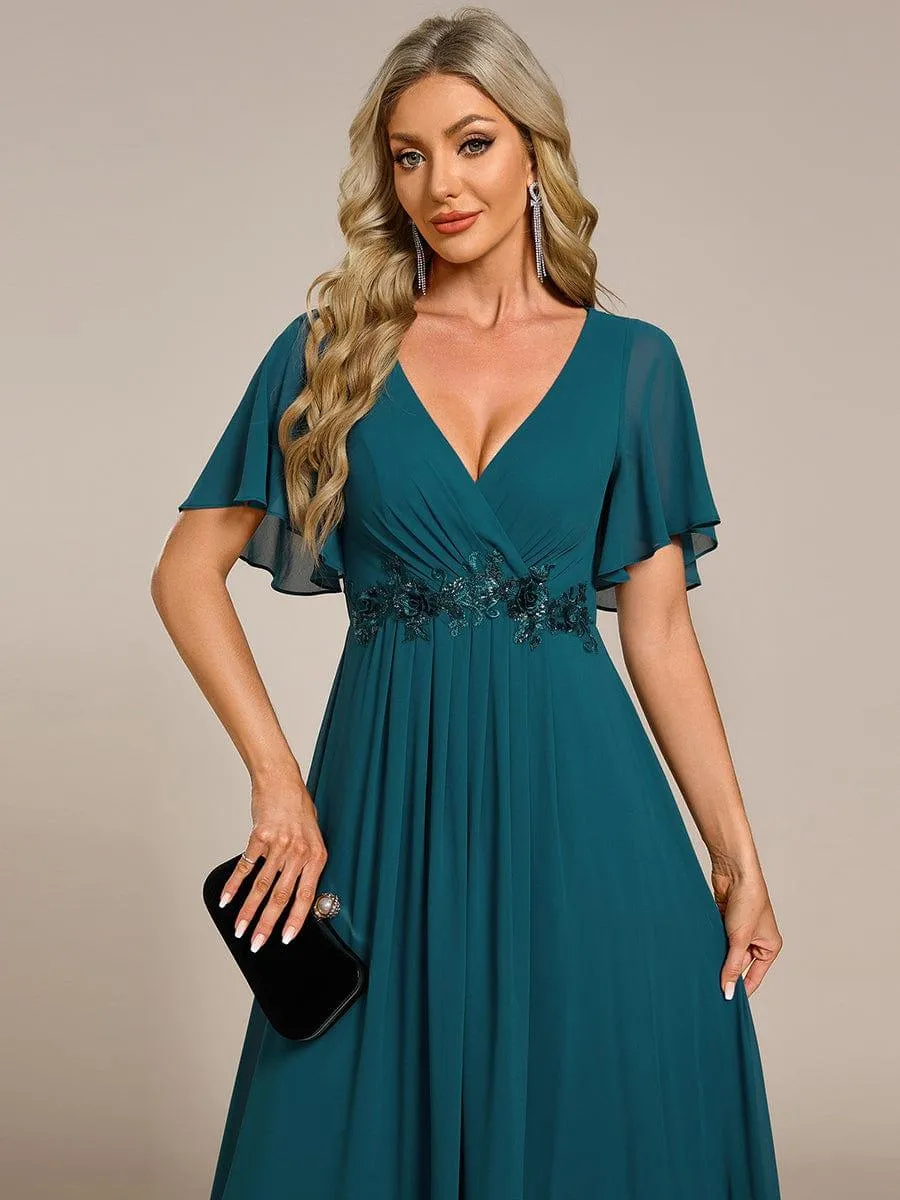 Gentle Iris | Ruffles Sleeve A-Line Chiffon Waist Applique Maxi Mother of the Bride Dress