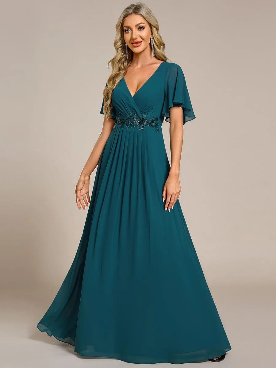 Gentle Iris | Ruffles Sleeve A-Line Chiffon Waist Applique Maxi Mother of the Bride Dress