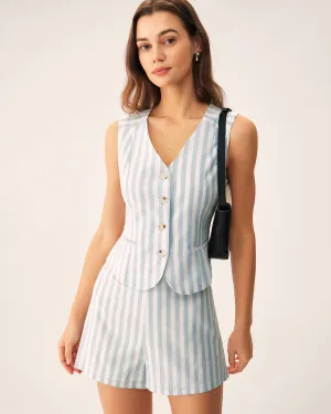 Grey Striped Single Breasted Vest