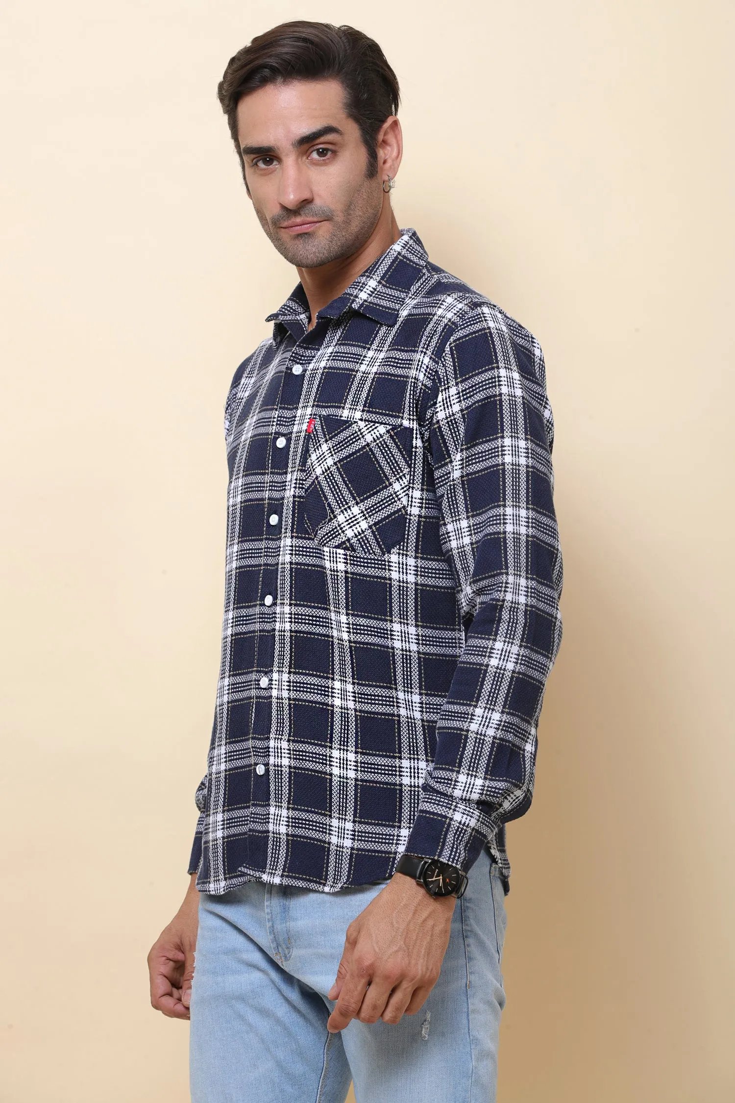 Jute  check Navy Blue Full Sleeve Shirt for Men