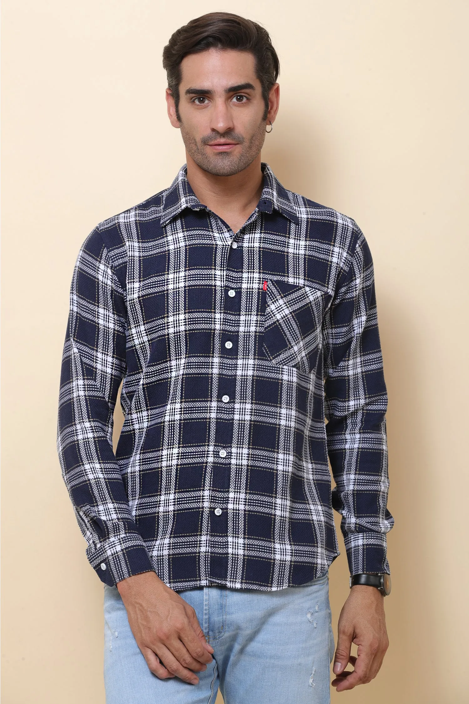 Jute  check Navy Blue Full Sleeve Shirt for Men