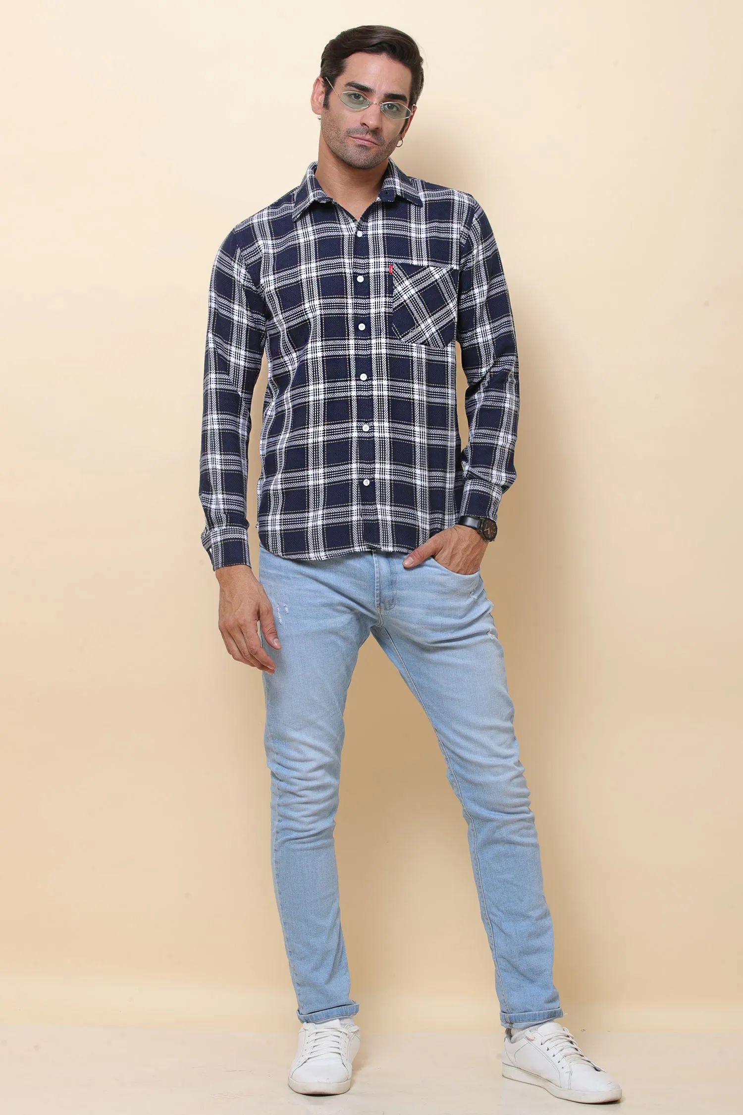 Jute  check Navy Blue Full Sleeve Shirt for Men