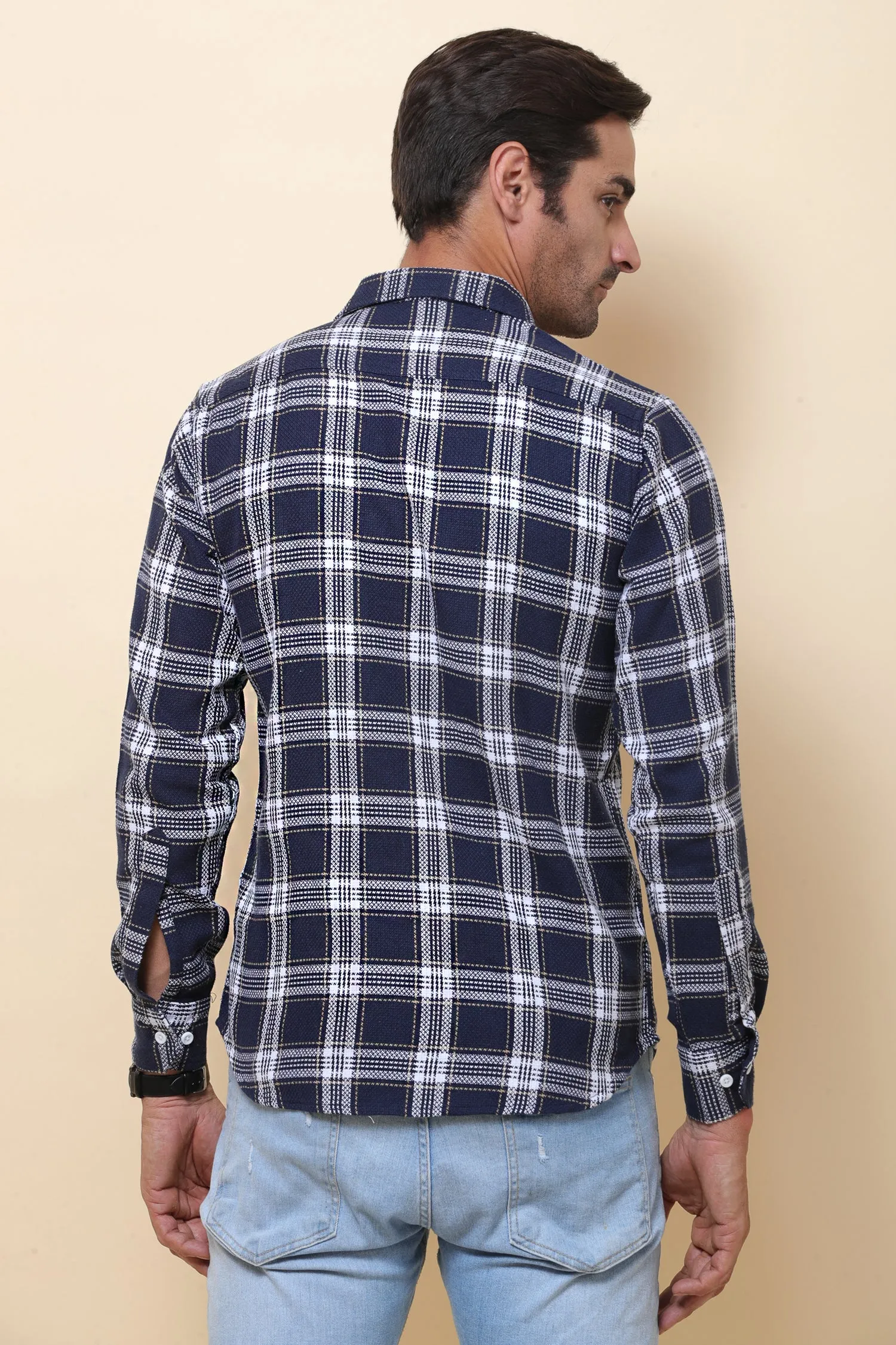 Jute  check Navy Blue Full Sleeve Shirt for Men