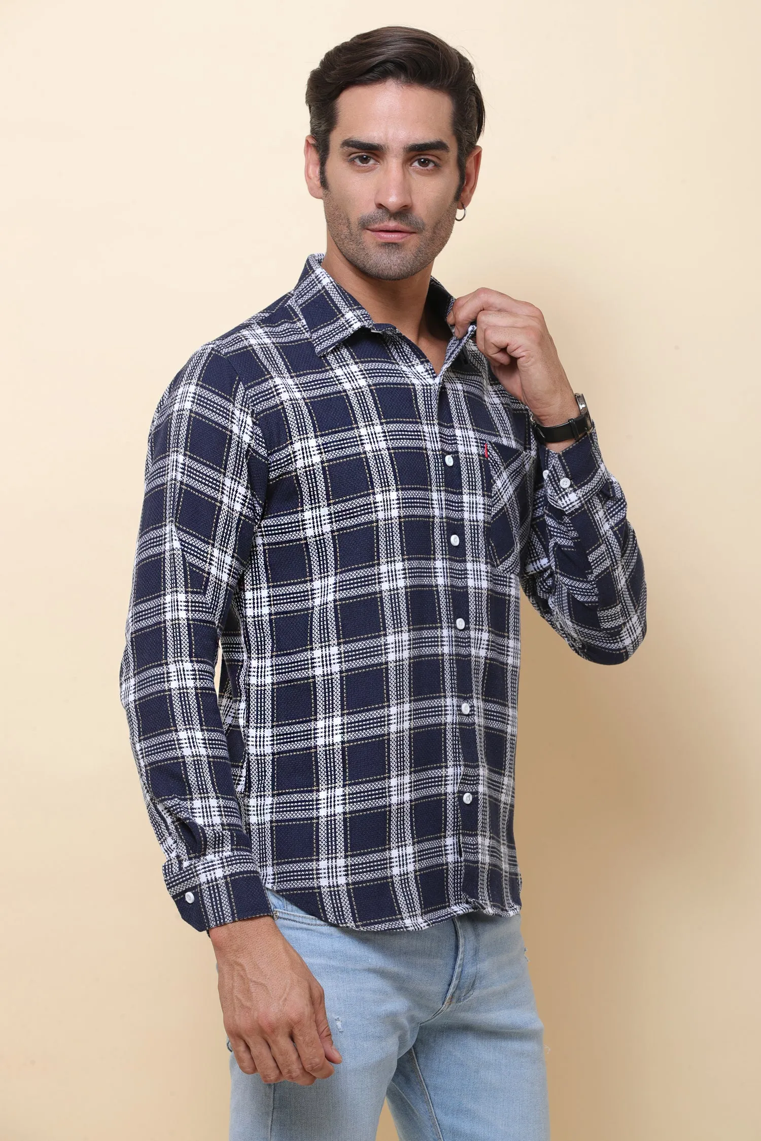 Jute  check Navy Blue Full Sleeve Shirt for Men