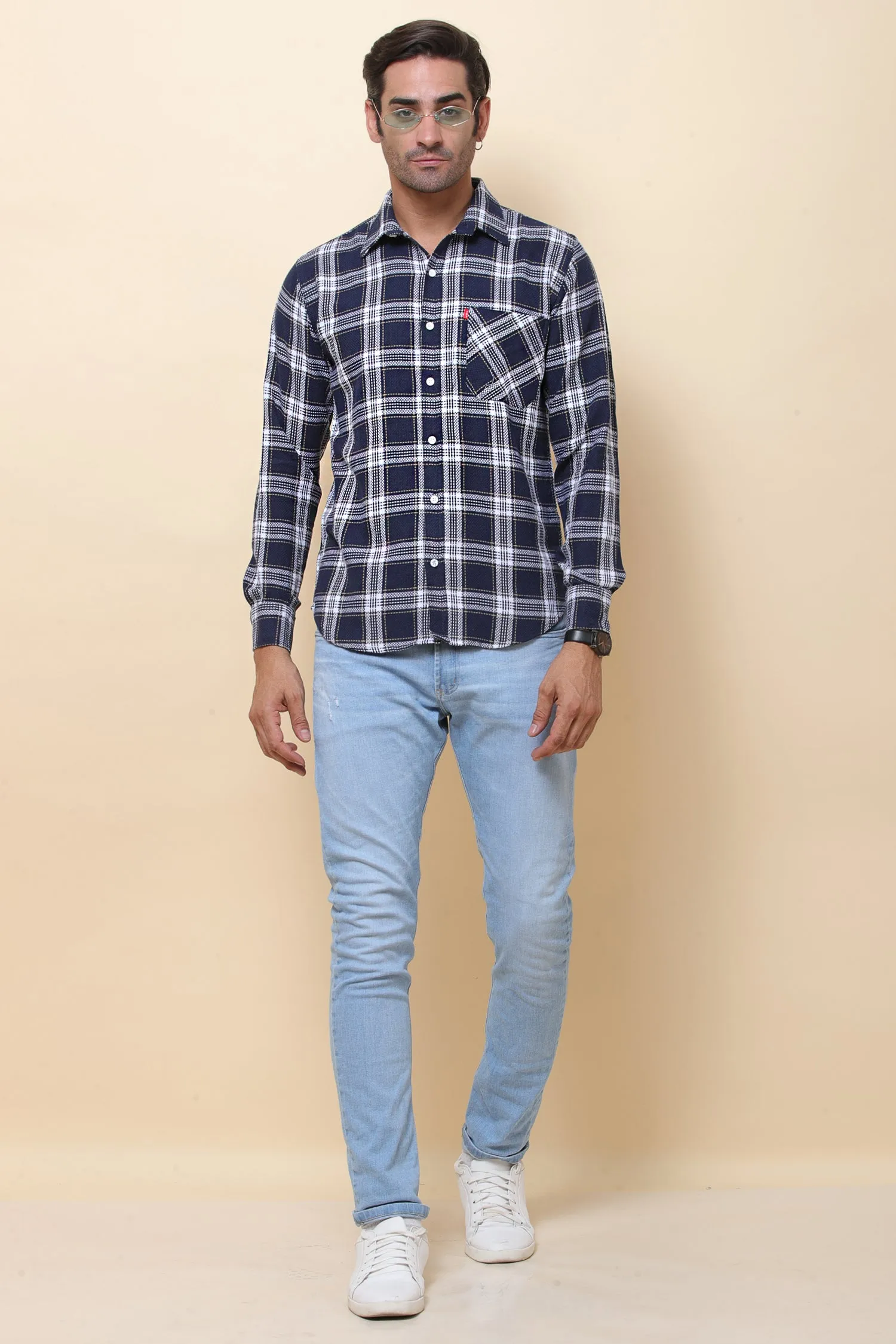 Jute  check Navy Blue Full Sleeve Shirt for Men