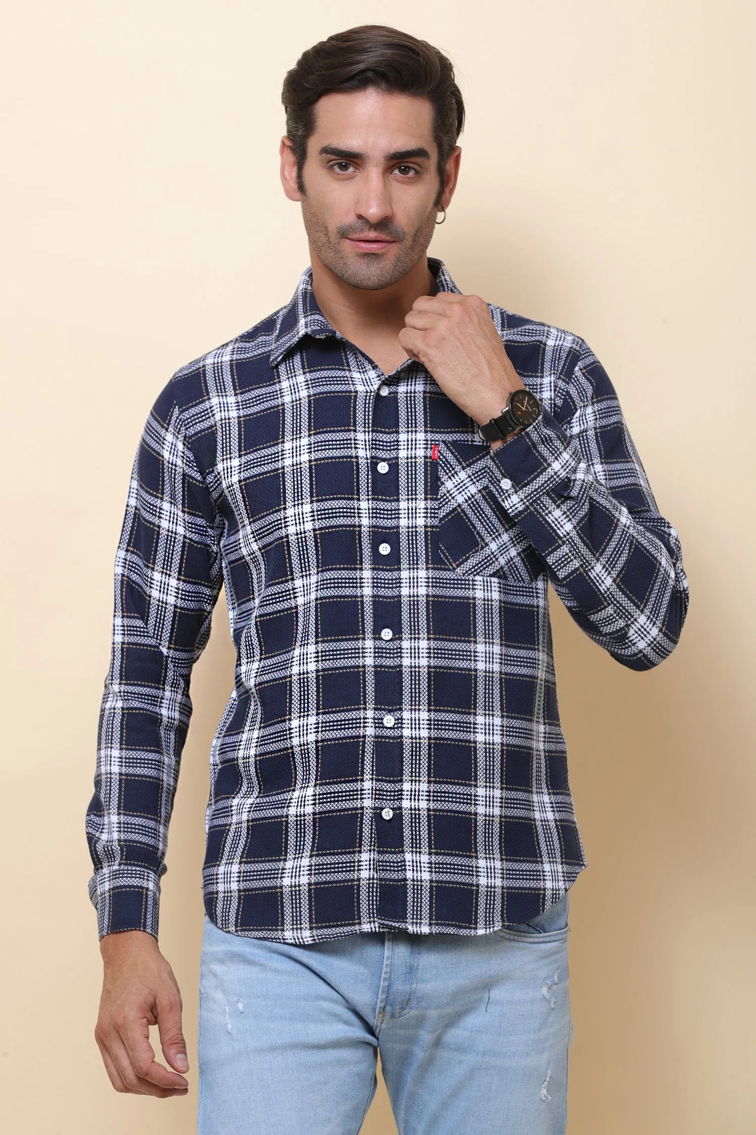 Jute  check Navy Blue Full Sleeve Shirt for Men
