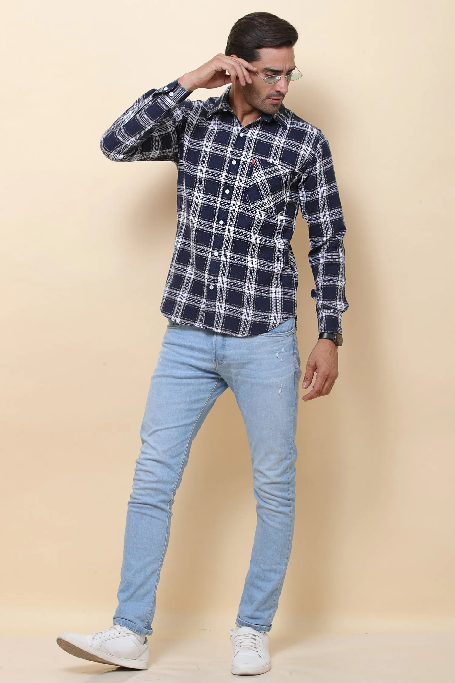 Jute  check Navy Blue Full Sleeve Shirt for Men