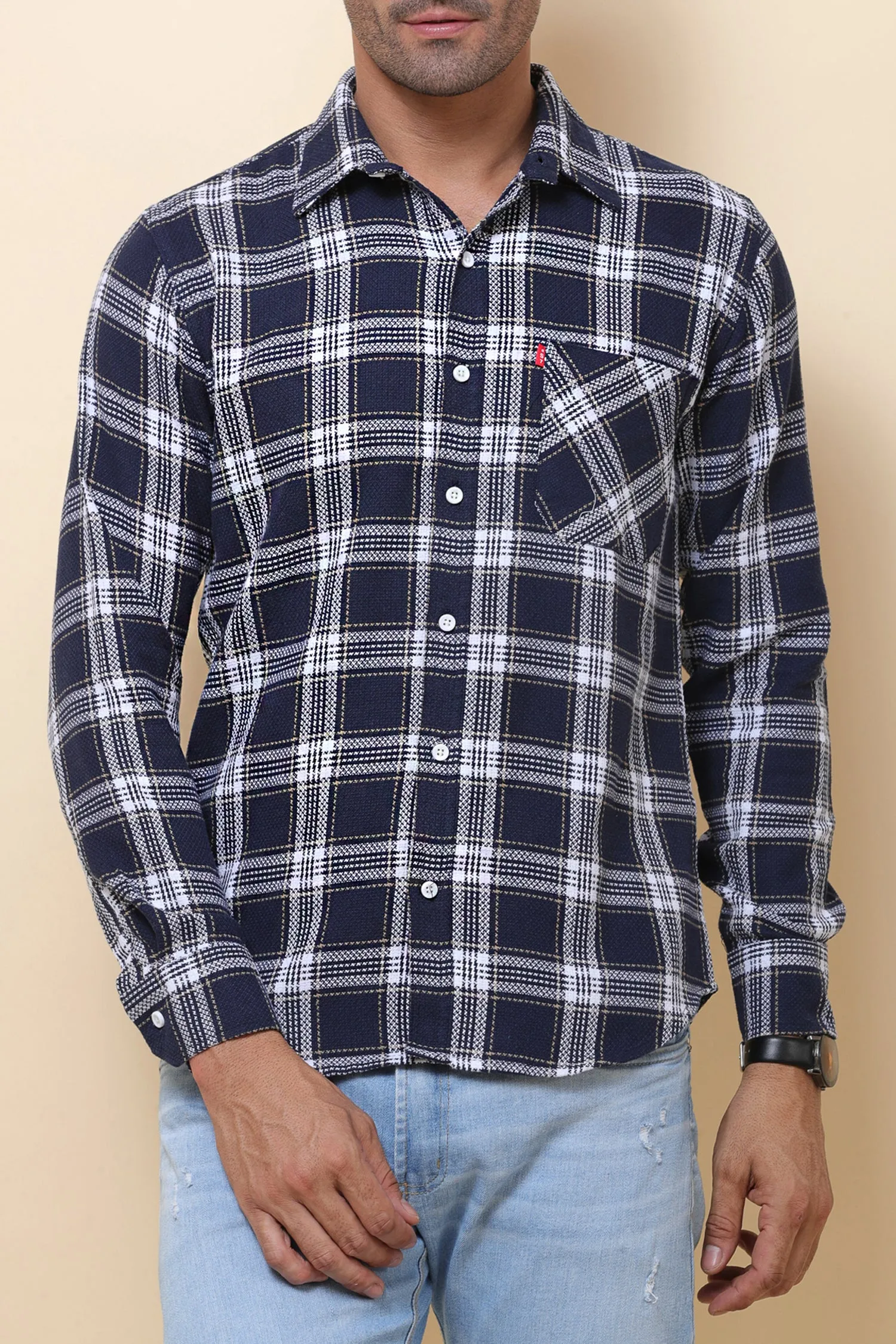 Jute  check Navy Blue Full Sleeve Shirt for Men