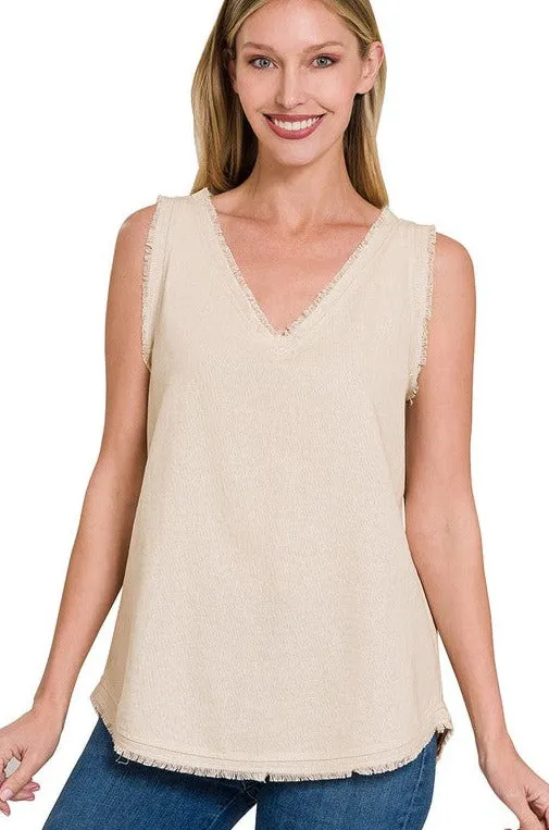 Linen Pre-Washed Frayed Edge V-Neck Sleeveless Top