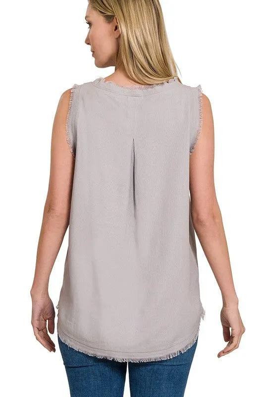 Linen Pre-Washed Frayed Edge V-Neck Sleeveless Top