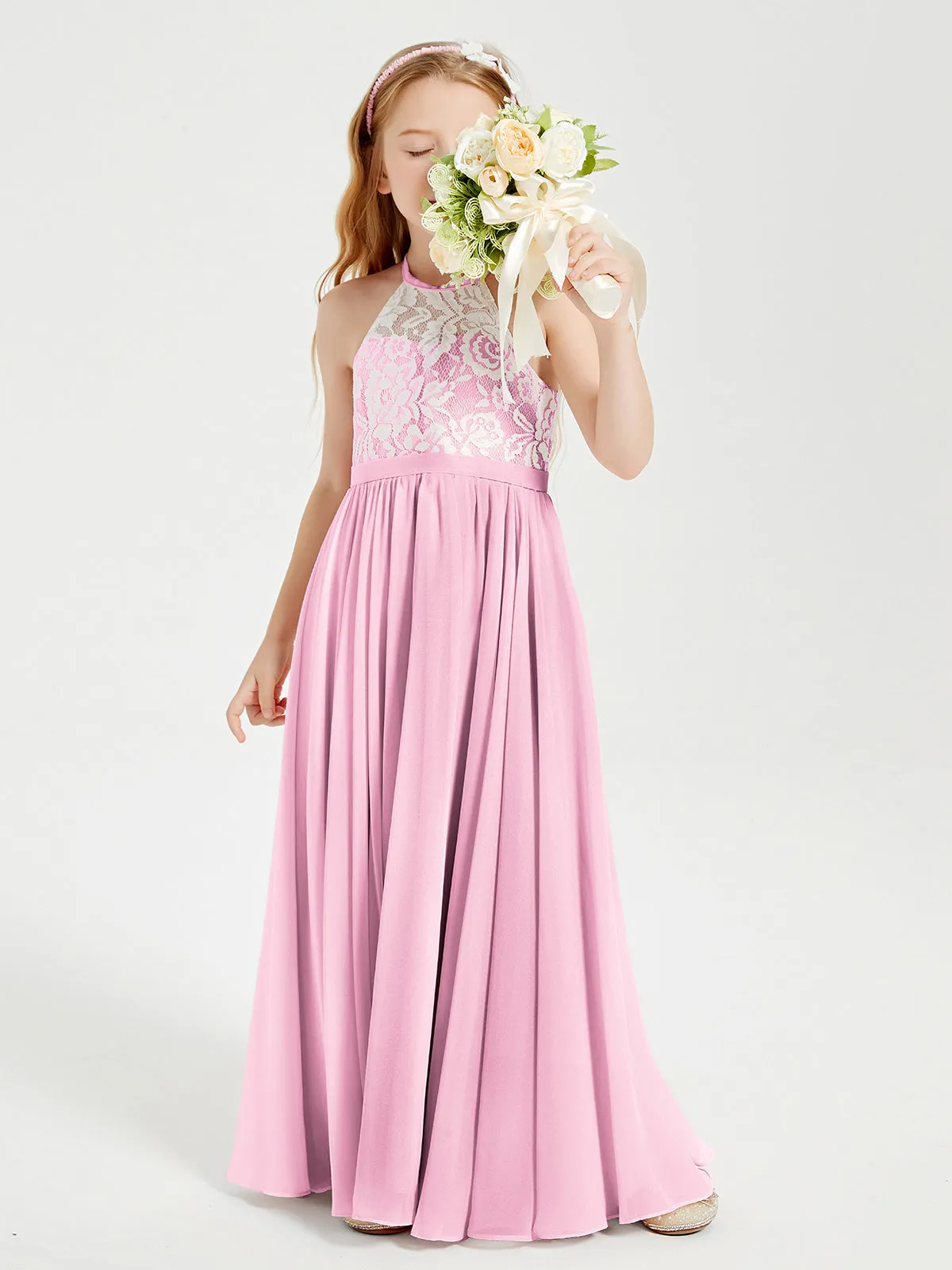 Long Chiffon Bridesmaid Dresses Lace Top Candy Pink