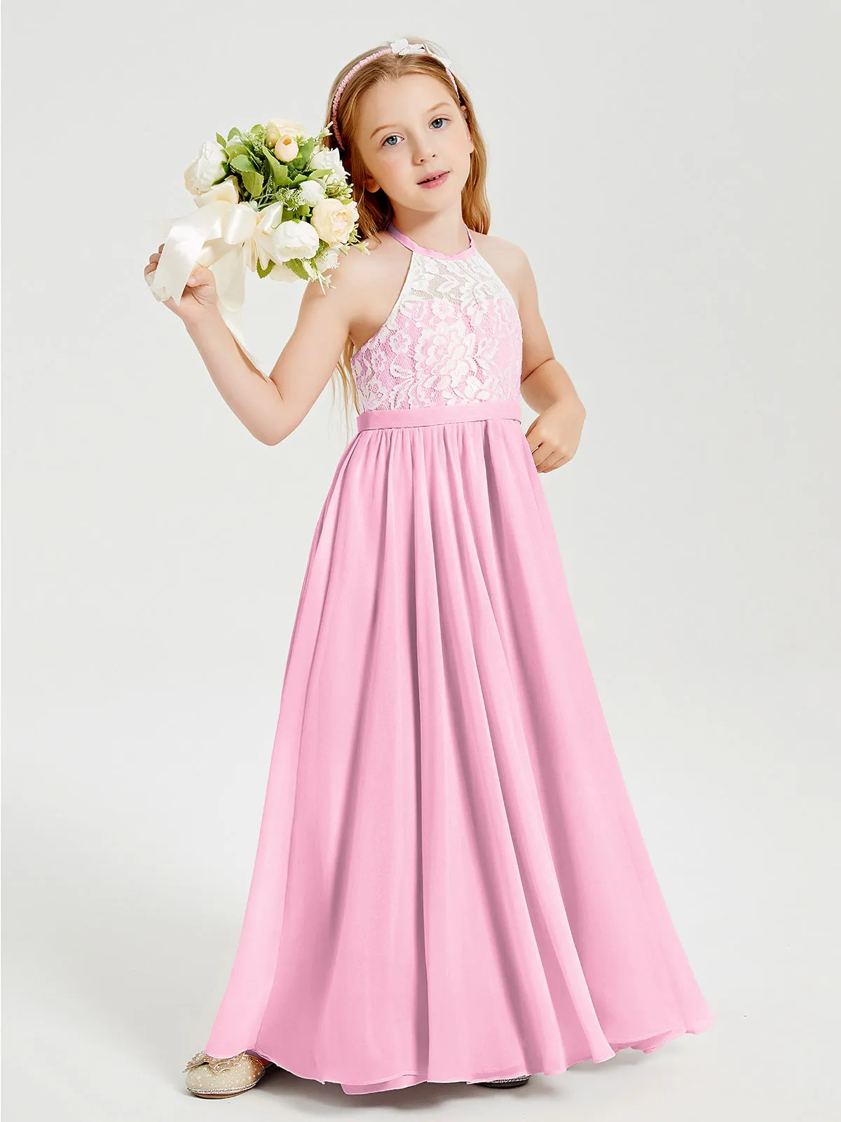 Long Chiffon Bridesmaid Dresses Lace Top Candy Pink
