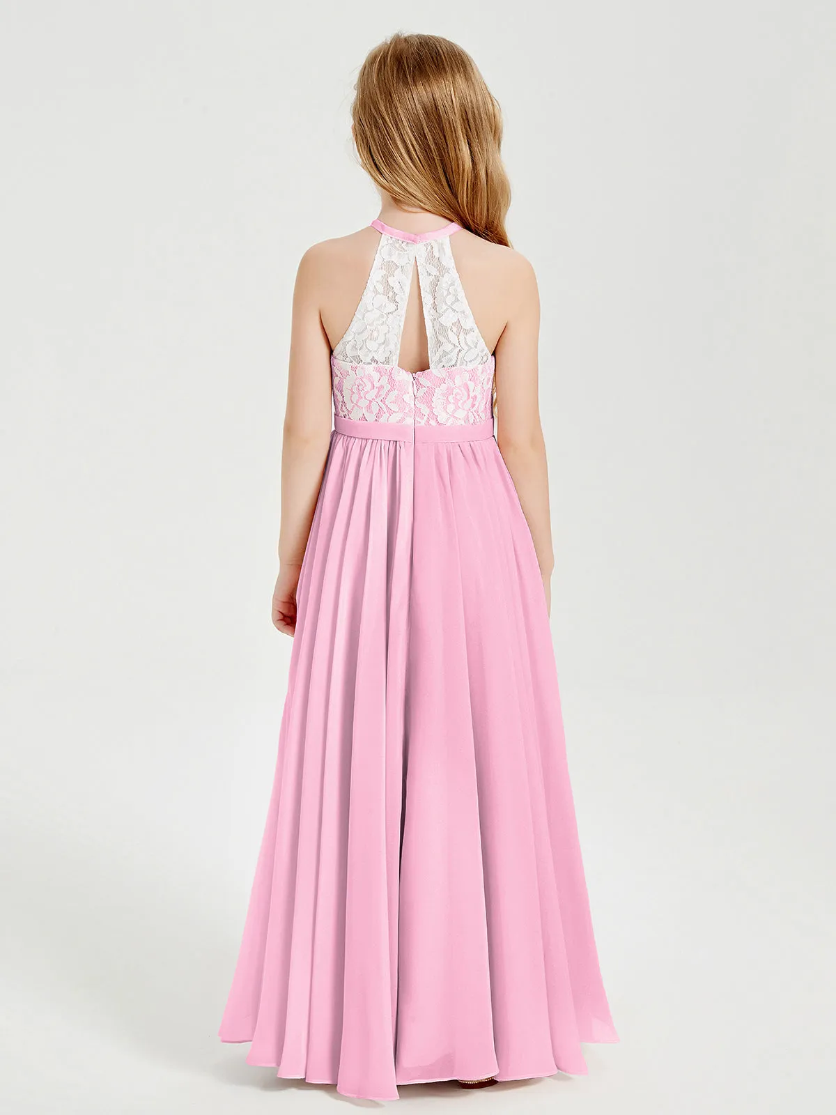 Long Chiffon Bridesmaid Dresses Lace Top Candy Pink