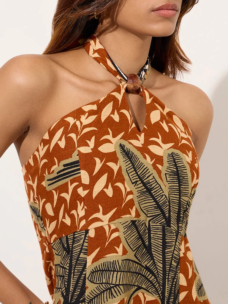 LOV Brown Tropical Printed A-Line Dress