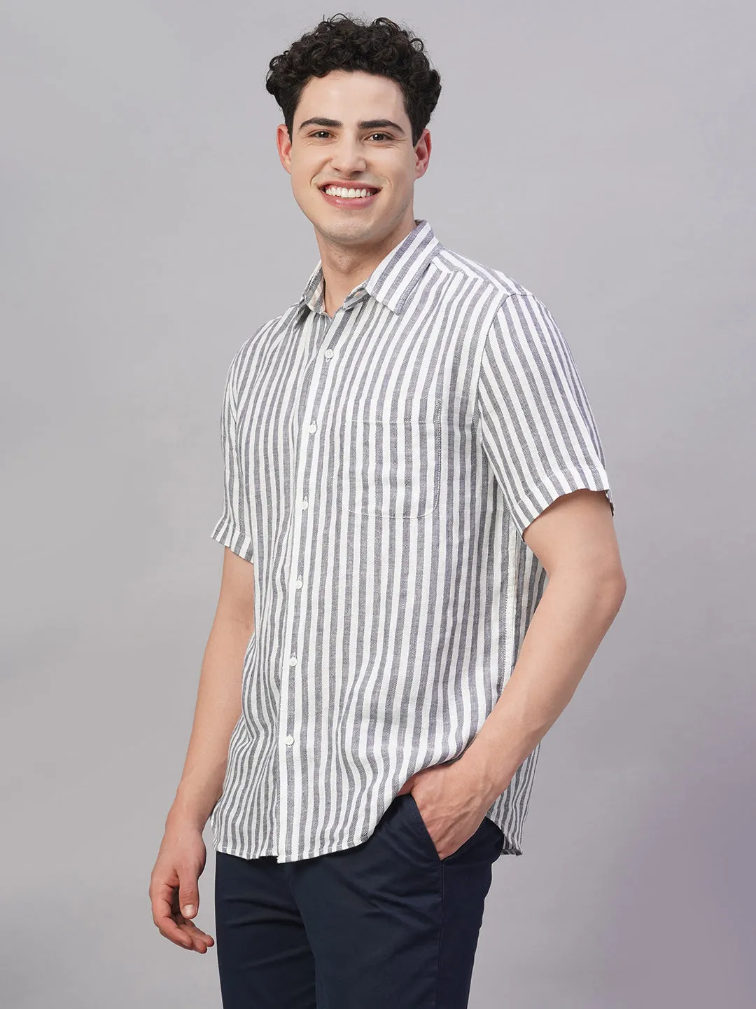 Men's Navy 100% Linen Regular Fit Shirt