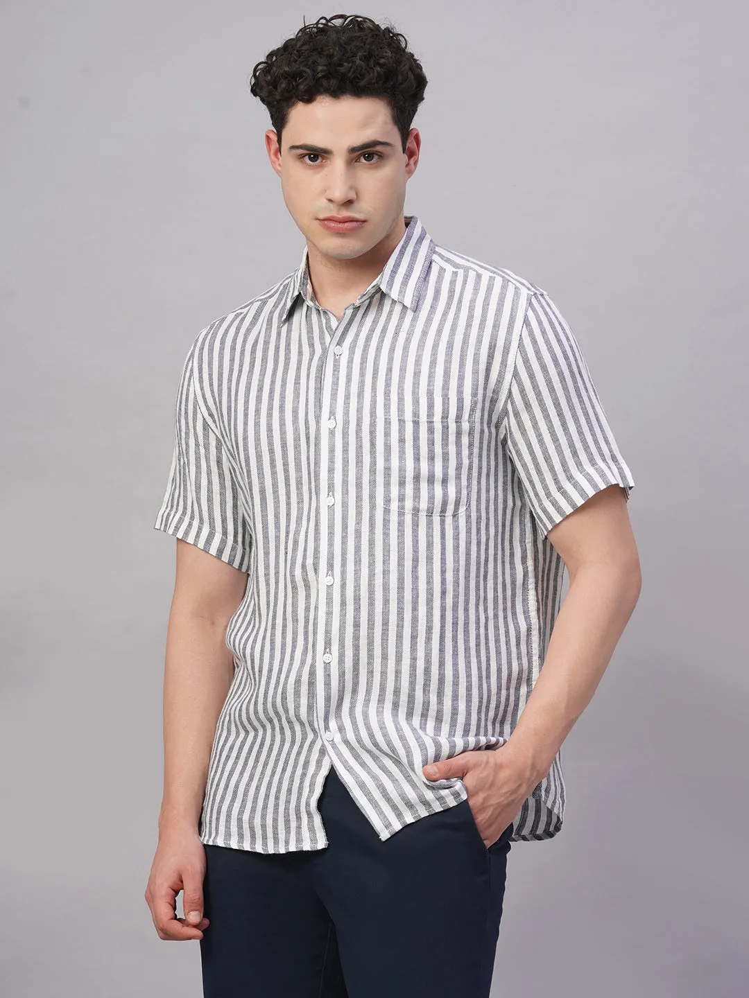 Men's Navy 100% Linen Regular Fit Shirt