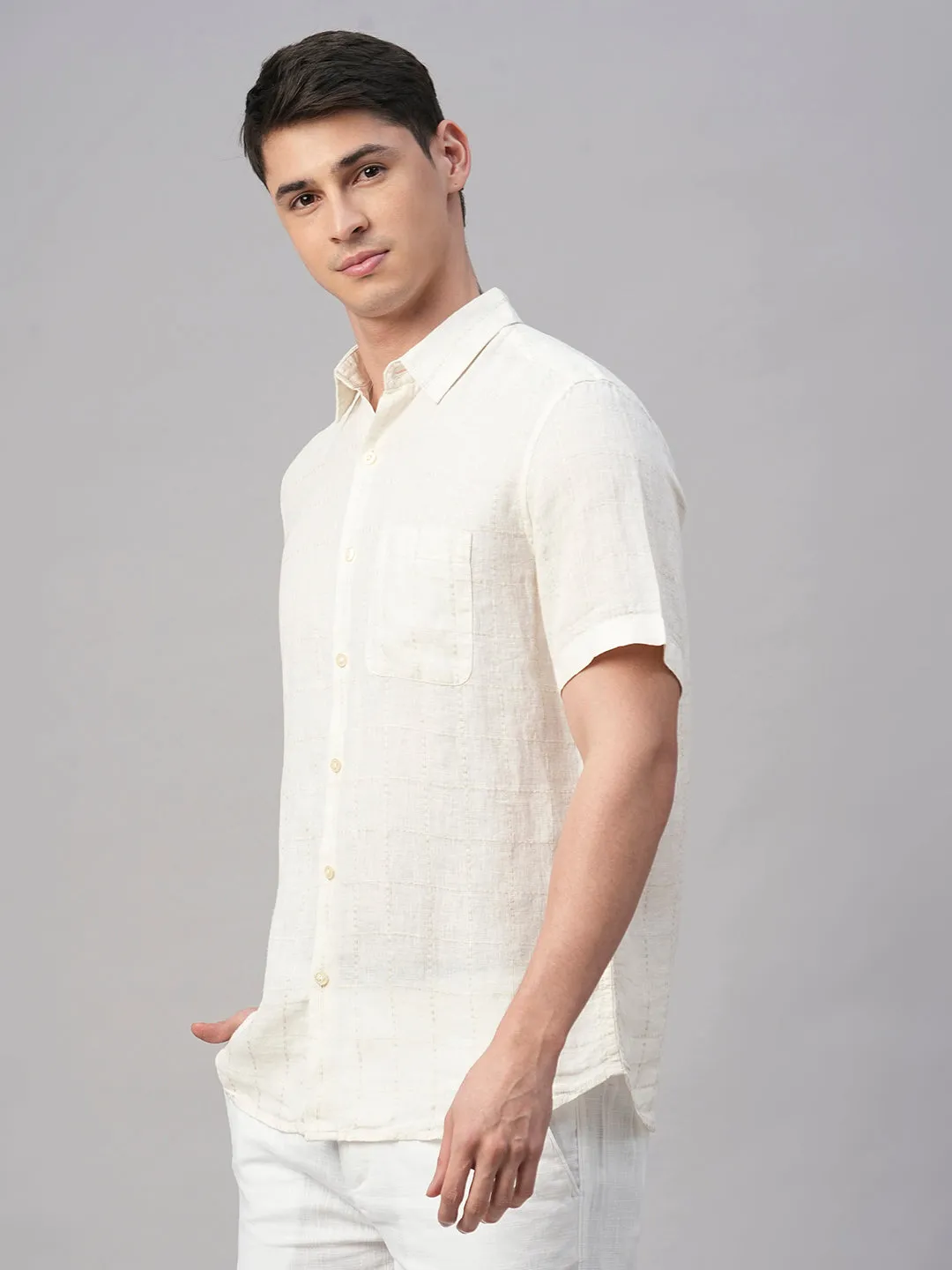 Men's Offwhite 100% Linen Regular Fit Shirt