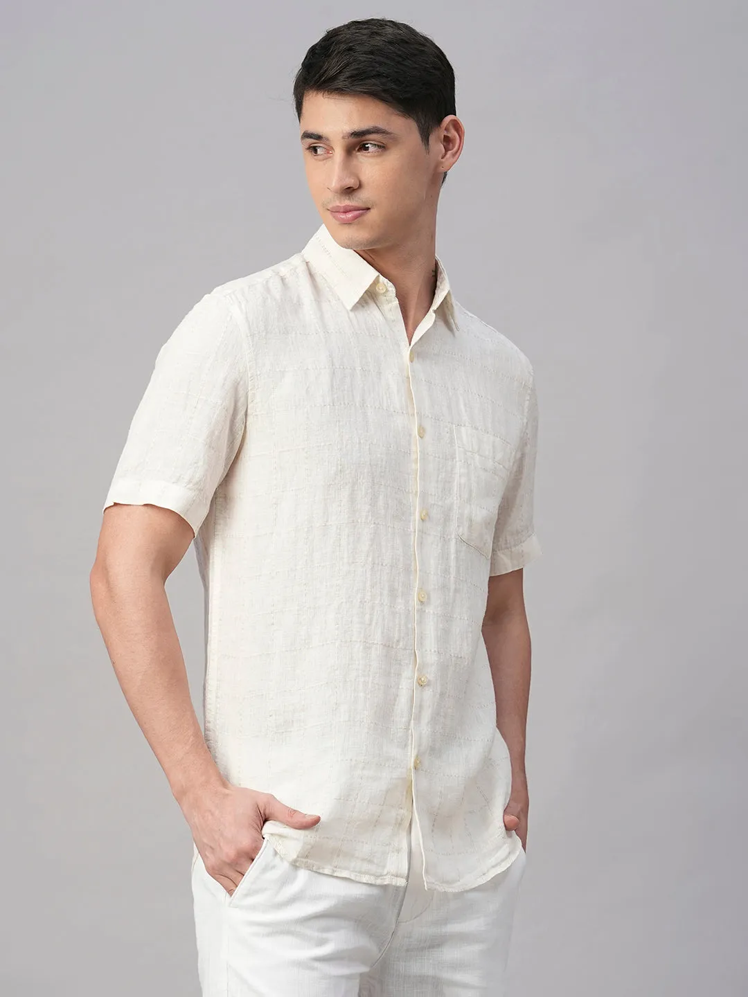 Men's Offwhite 100% Linen Regular Fit Shirt