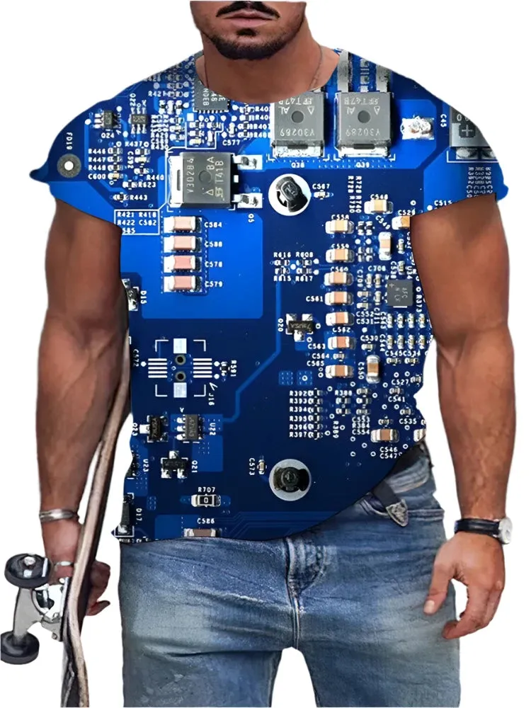 Men's Summer 3D Graphic T-Shirt – Circuit Board & Electronic Chip Print, AI Oversized O-Neck Tee, Short Sleeve Casual Shirt