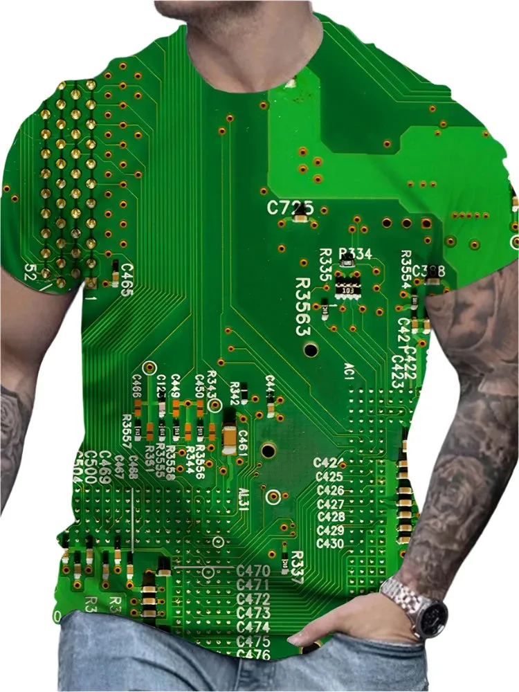 Men's Summer 3D Graphic T-Shirt – Circuit Board & Electronic Chip Print, AI Oversized O-Neck Tee, Short Sleeve Casual Shirt