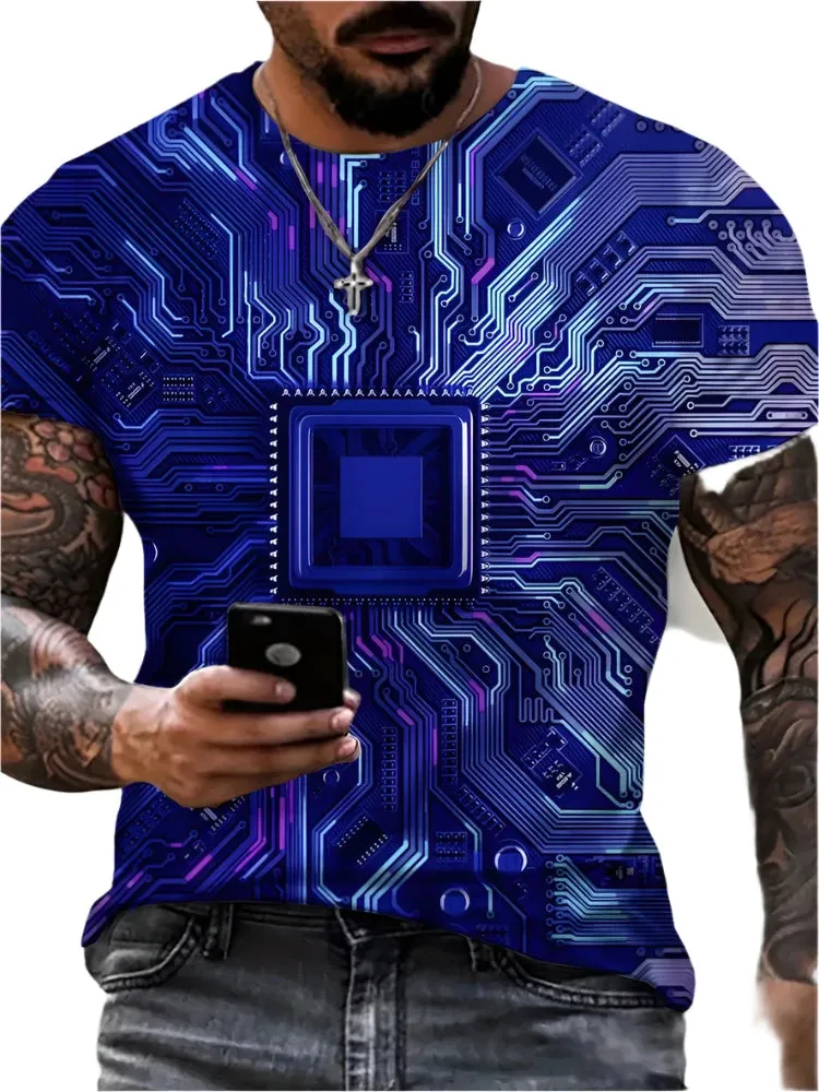 Men's Summer 3D Graphic T-Shirt – Circuit Board & Electronic Chip Print, AI Oversized O-Neck Tee, Short Sleeve Casual Shirt