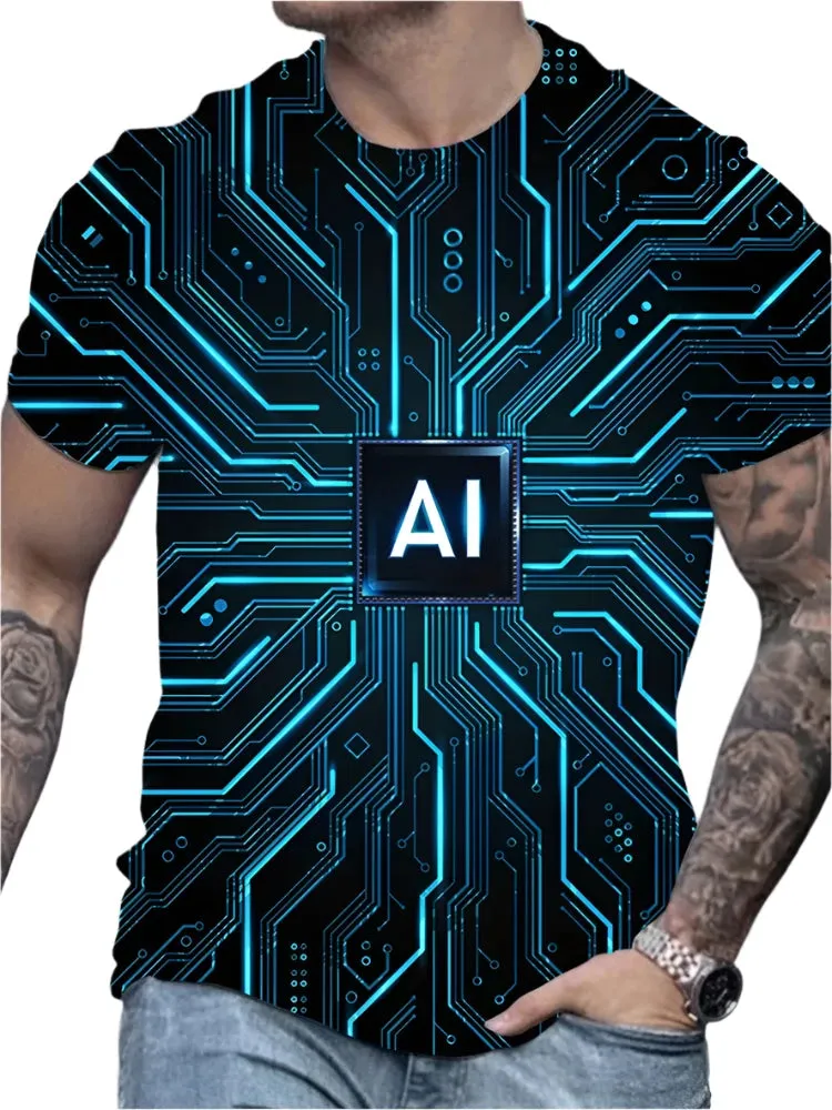 Men's Summer 3D Graphic T-Shirt – Circuit Board & Electronic Chip Print, AI Oversized O-Neck Tee, Short Sleeve Casual Shirt