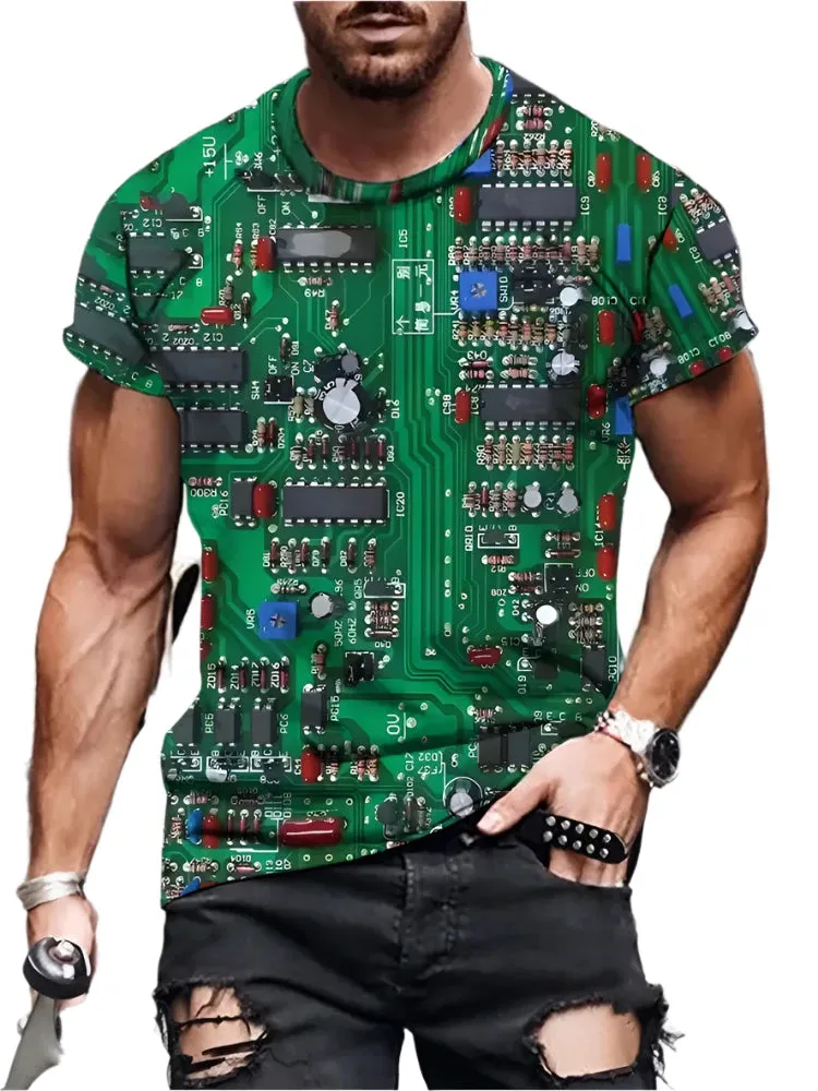 Men's Summer 3D Graphic T-Shirt – Circuit Board & Electronic Chip Print, AI Oversized O-Neck Tee, Short Sleeve Casual Shirt