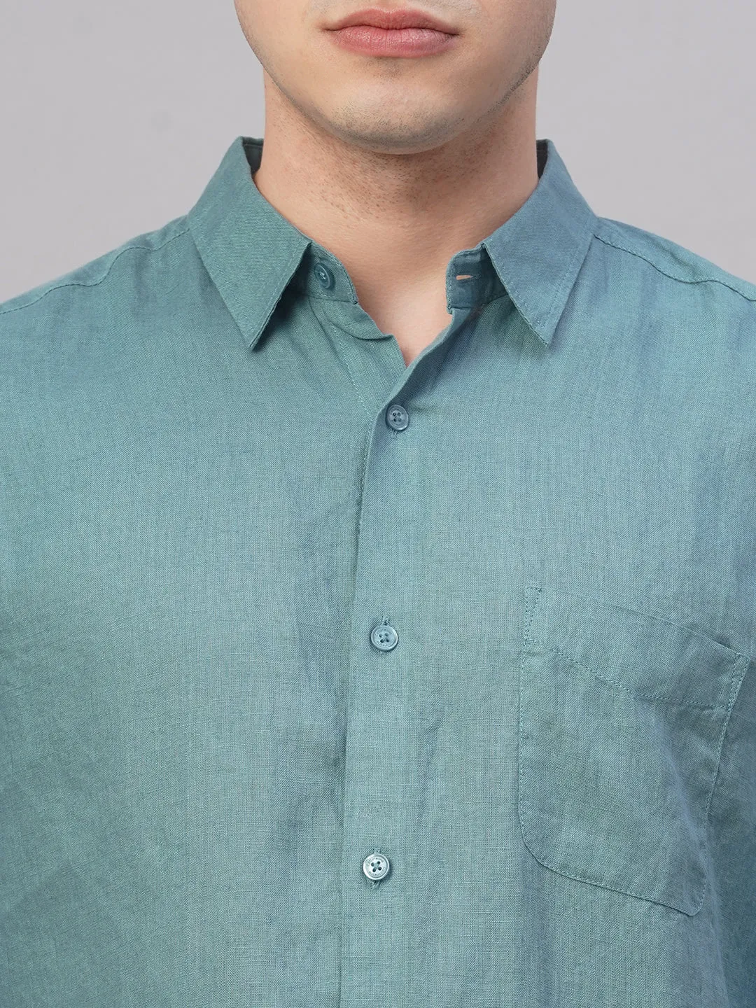 Men's Teal 100% Linen Regular Fit Shirt