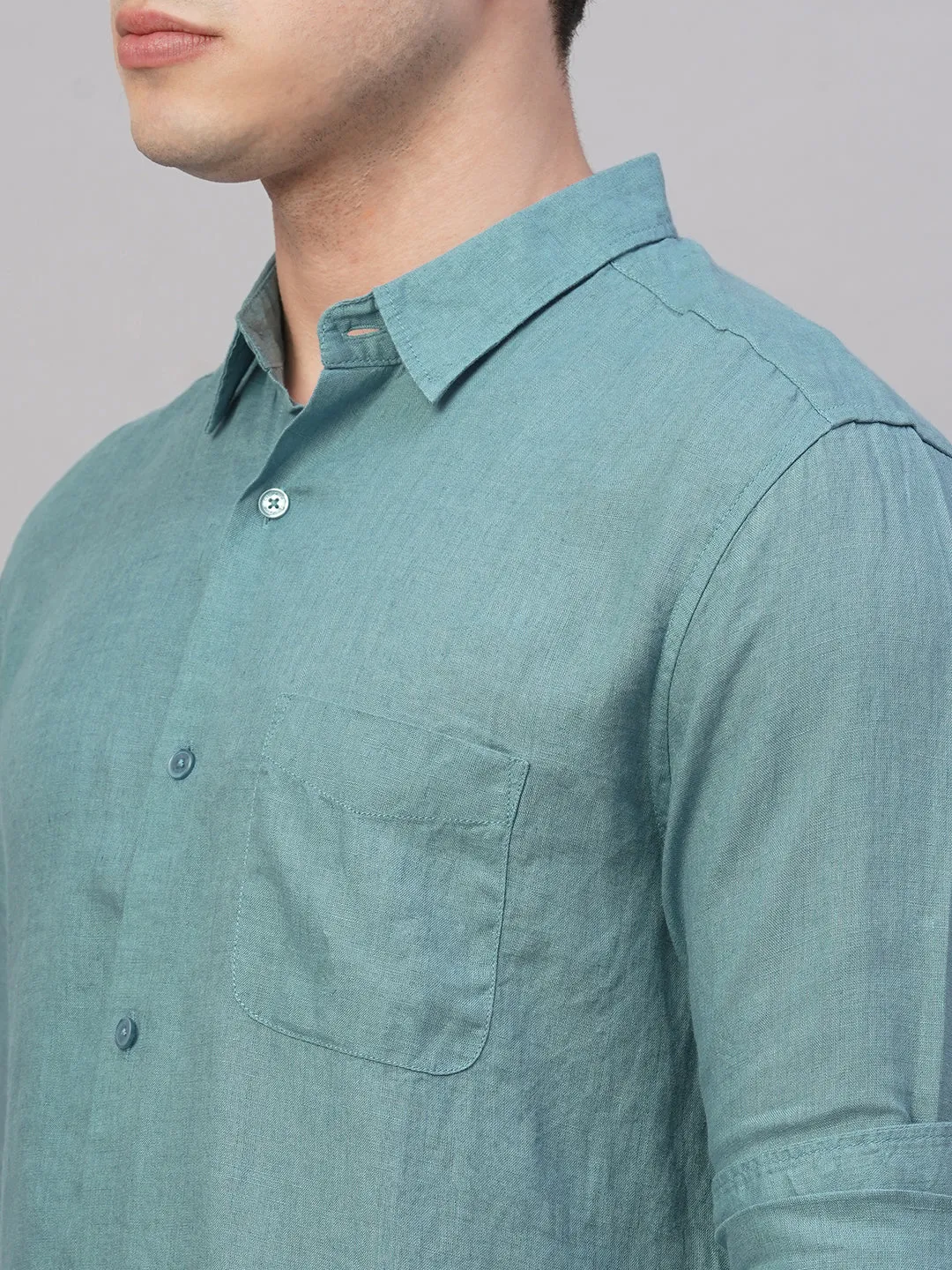Men's Teal 100% Linen Regular Fit Shirt