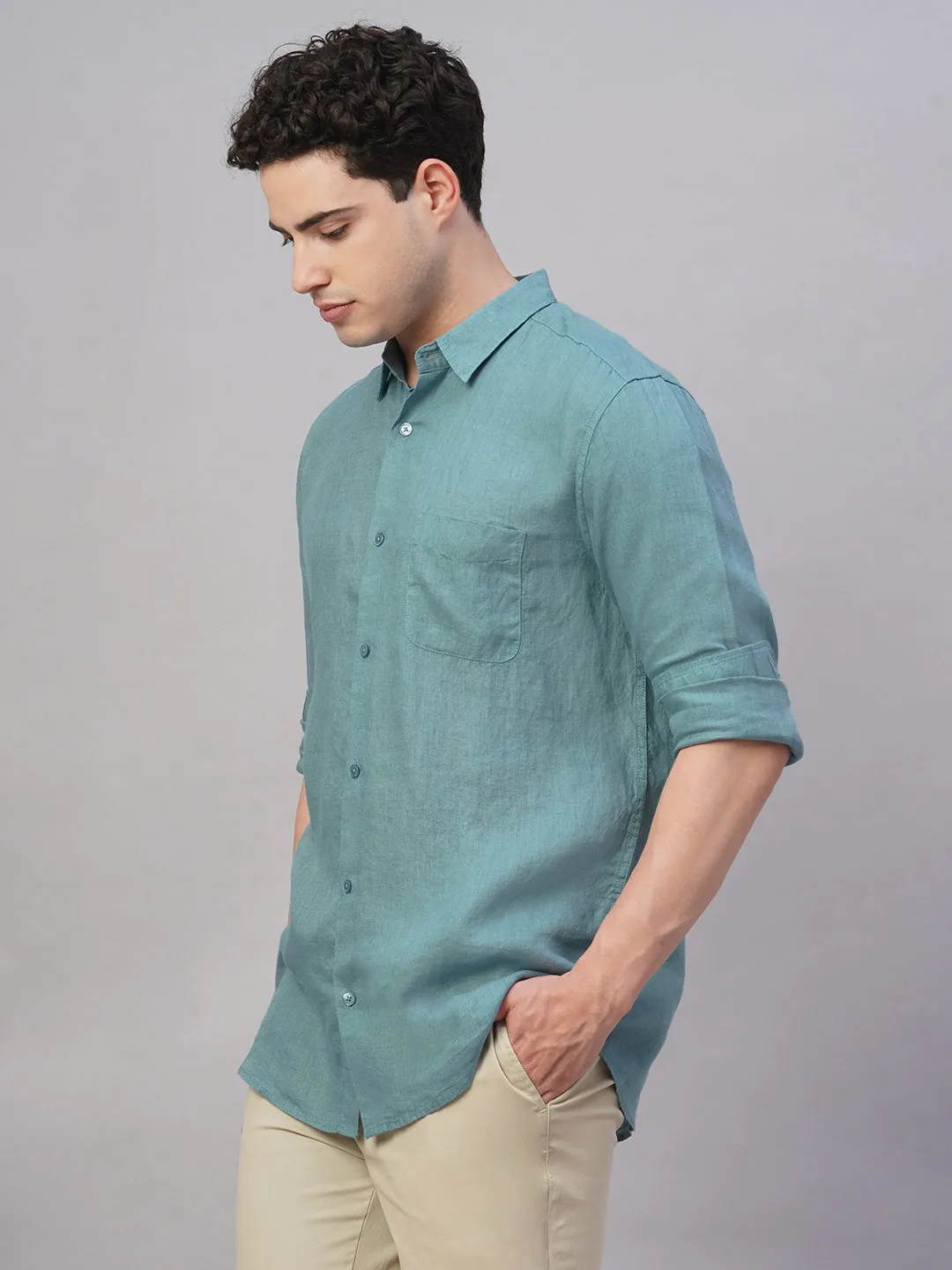 Men's Teal 100% Linen Regular Fit Shirt