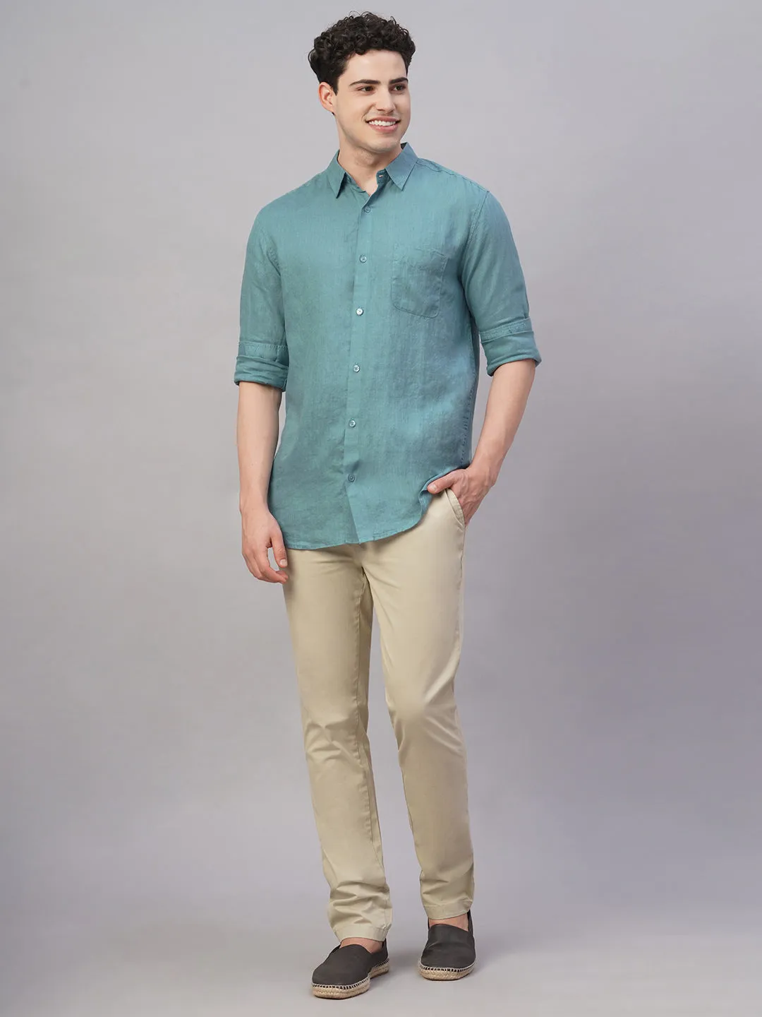 Men's Teal 100% Linen Regular Fit Shirt