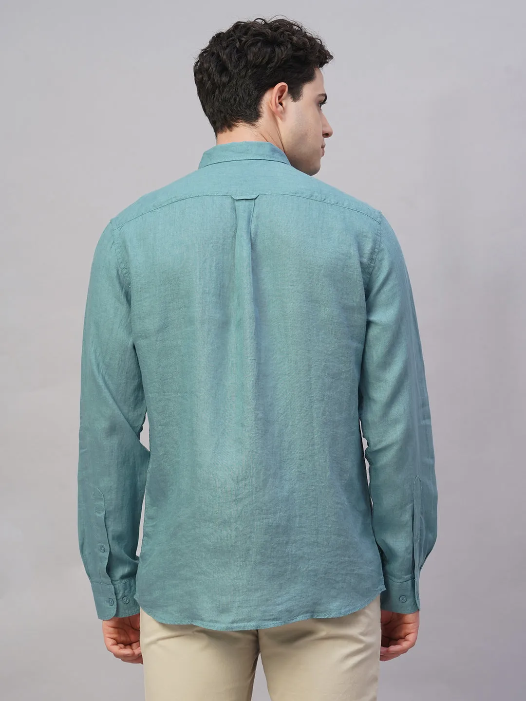 Men's Teal 100% Linen Regular Fit Shirt