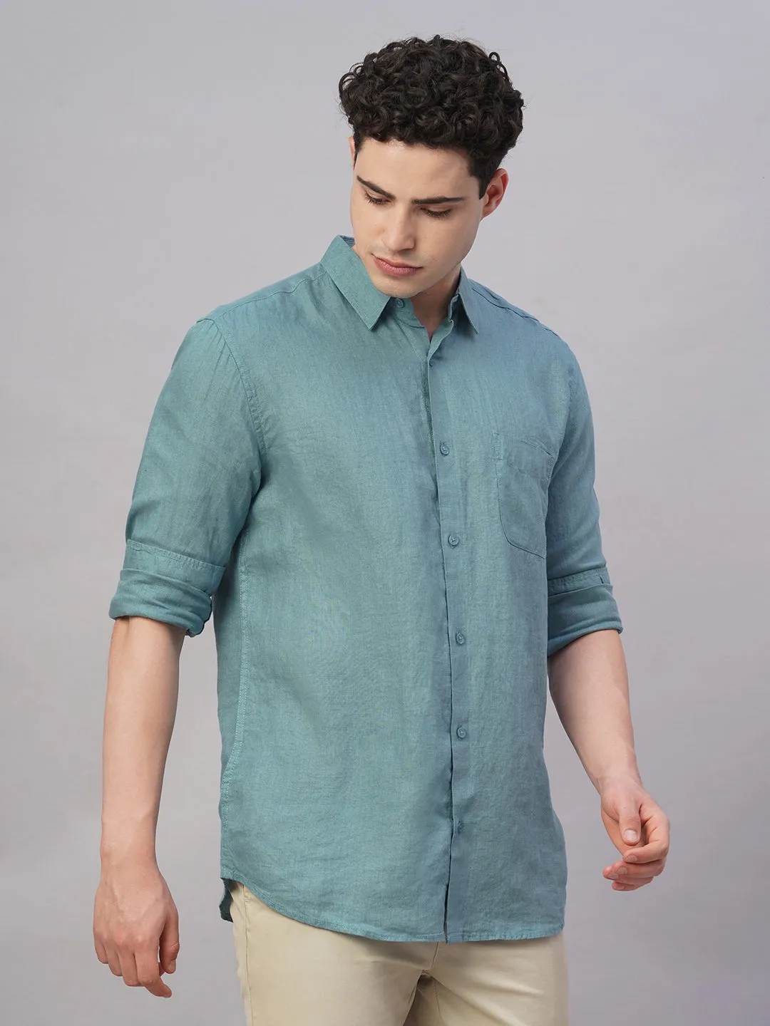 Men's Teal 100% Linen Regular Fit Shirt