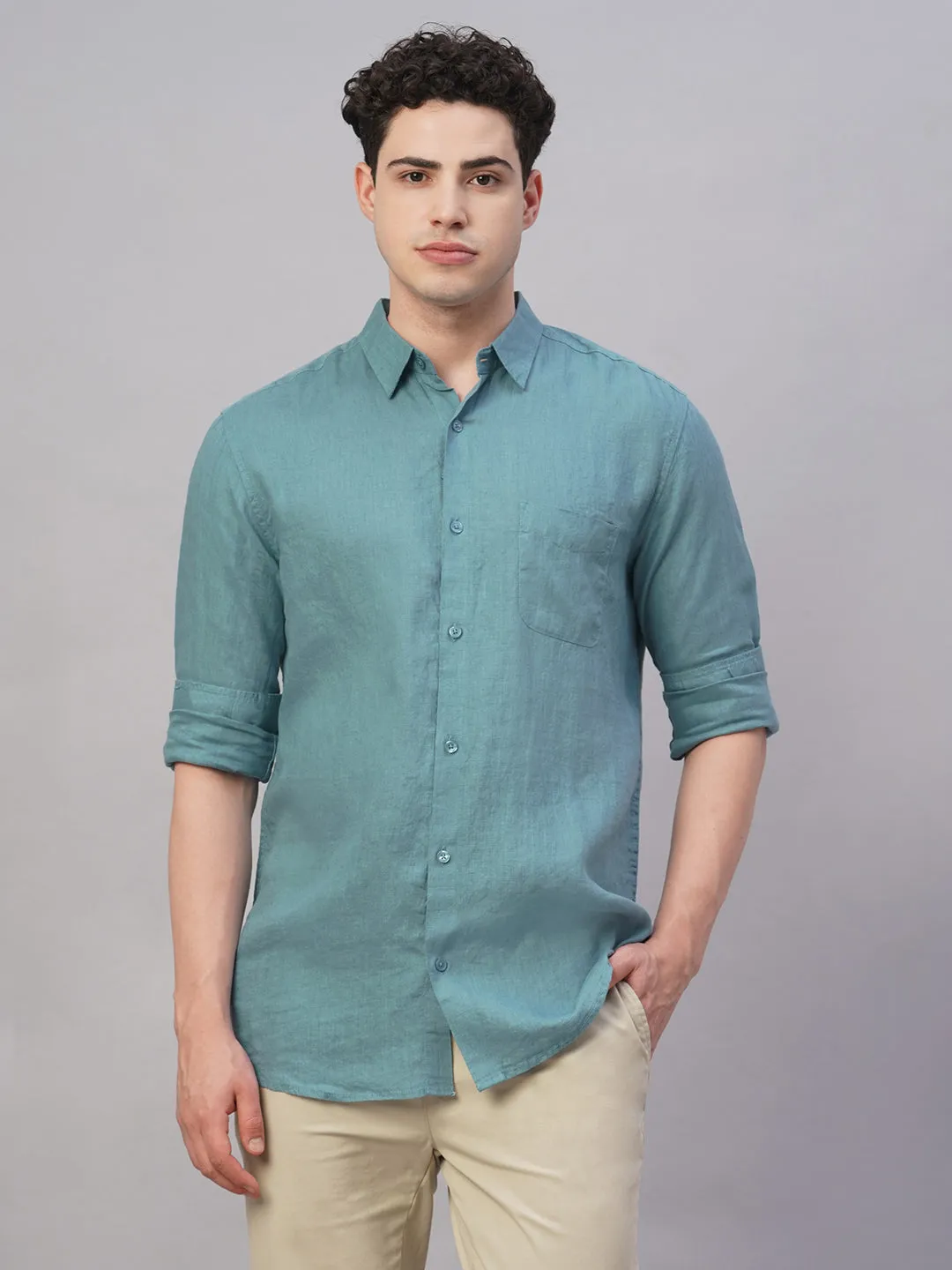 Men's Teal 100% Linen Regular Fit Shirt