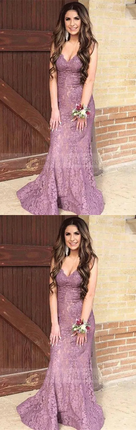Mermaid Spaghetti Straps Sweep Train Dusty Rose Lace Prom Dress