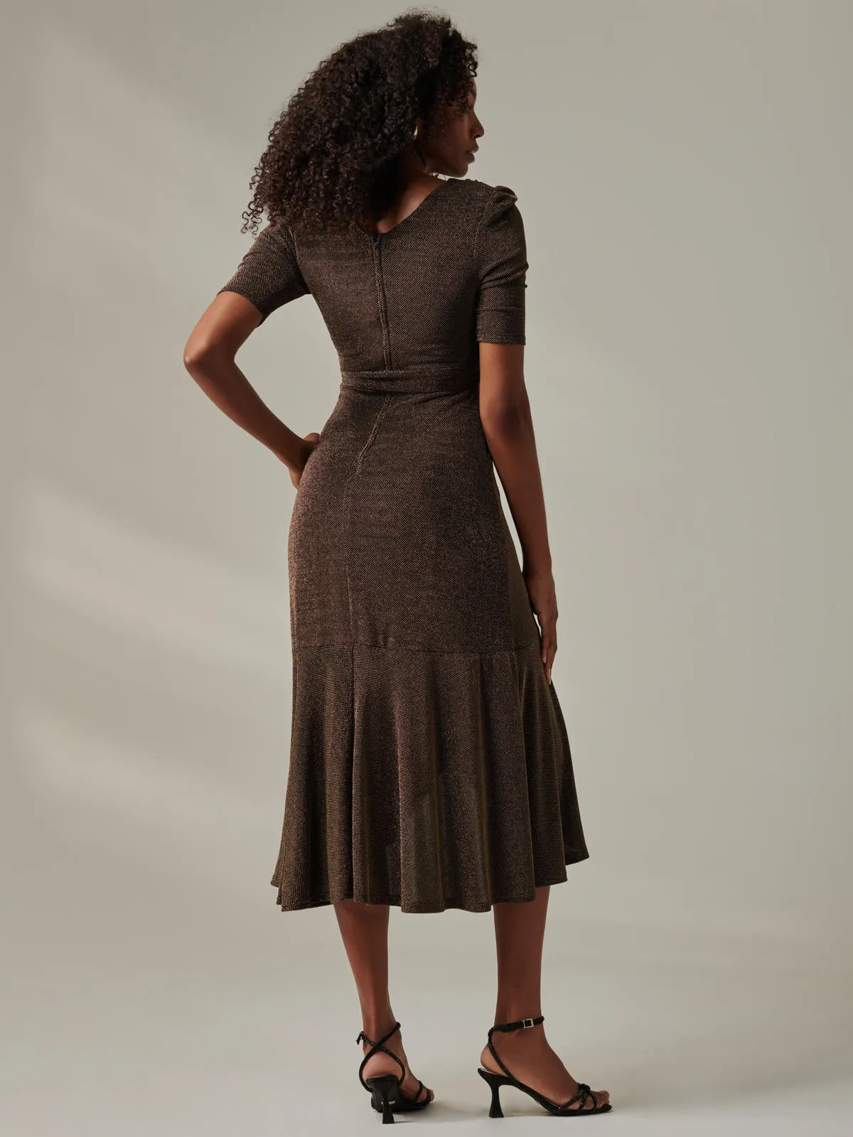 Metallic Tie Waist Wrapped Maxi Dress, Black/Gold