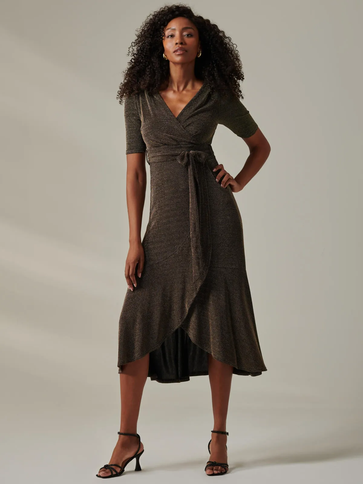 Metallic Tie Waist Wrapped Maxi Dress, Black/Gold