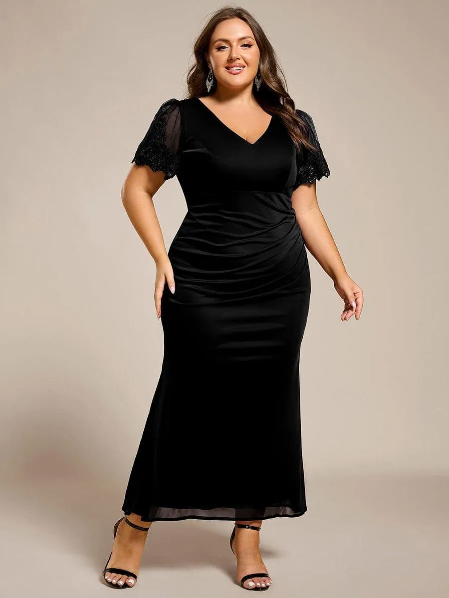 Plus Size Short Sleeve Fishtail V-Neck Beaded Formal Dress