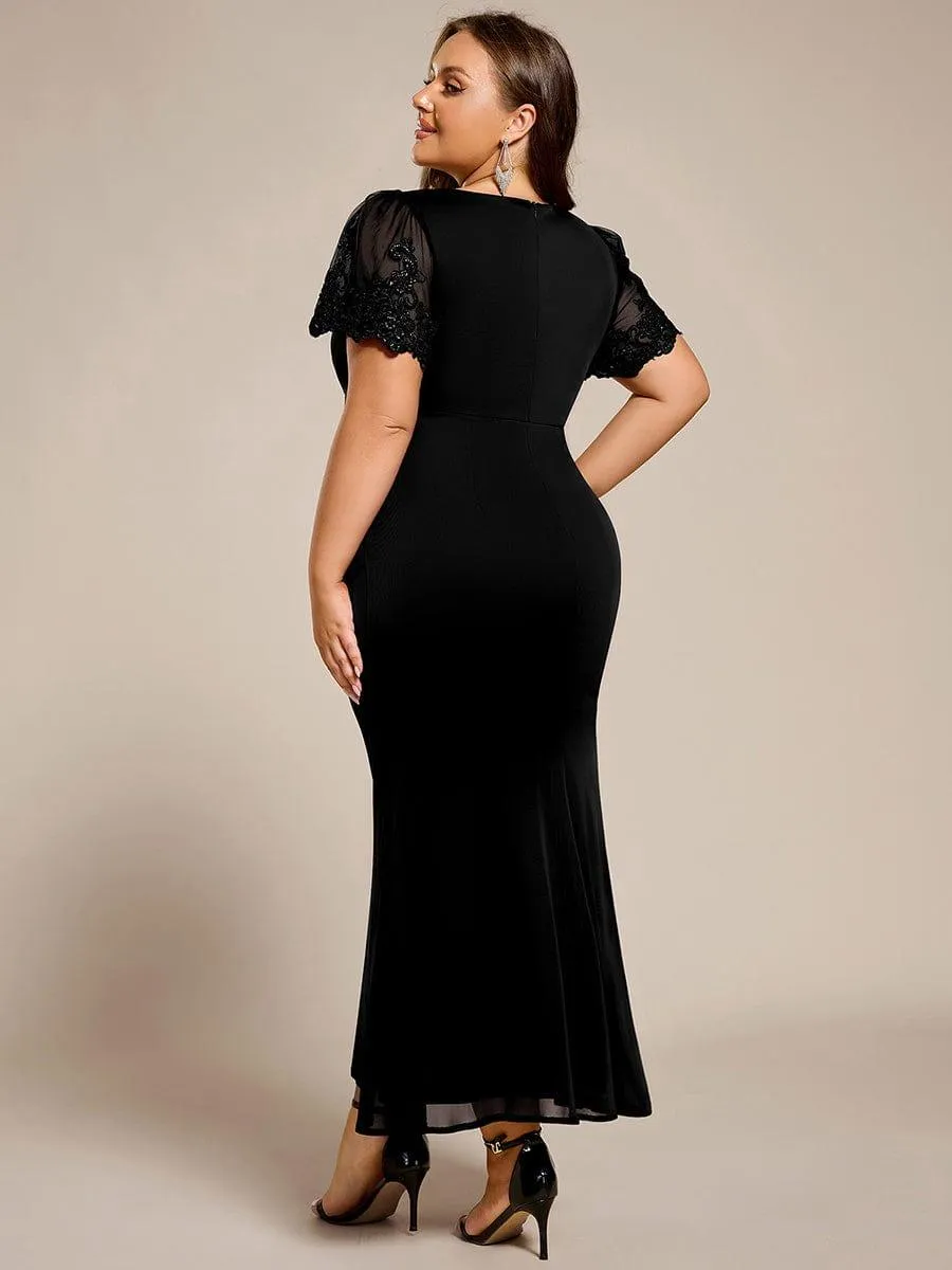 Plus Size Short Sleeve Fishtail V-Neck Beaded Formal Dress
