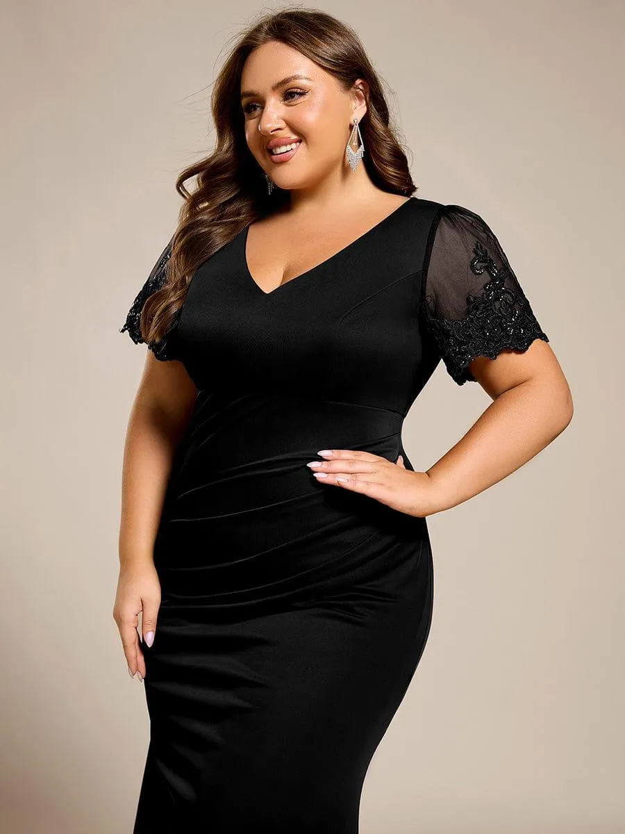 Plus Size Short Sleeve Fishtail V-Neck Beaded Formal Dress
