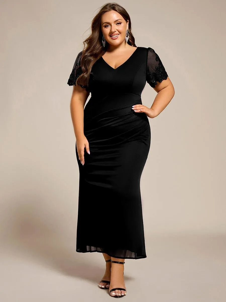 Plus Size Short Sleeve Fishtail V-Neck Beaded Formal Dress
