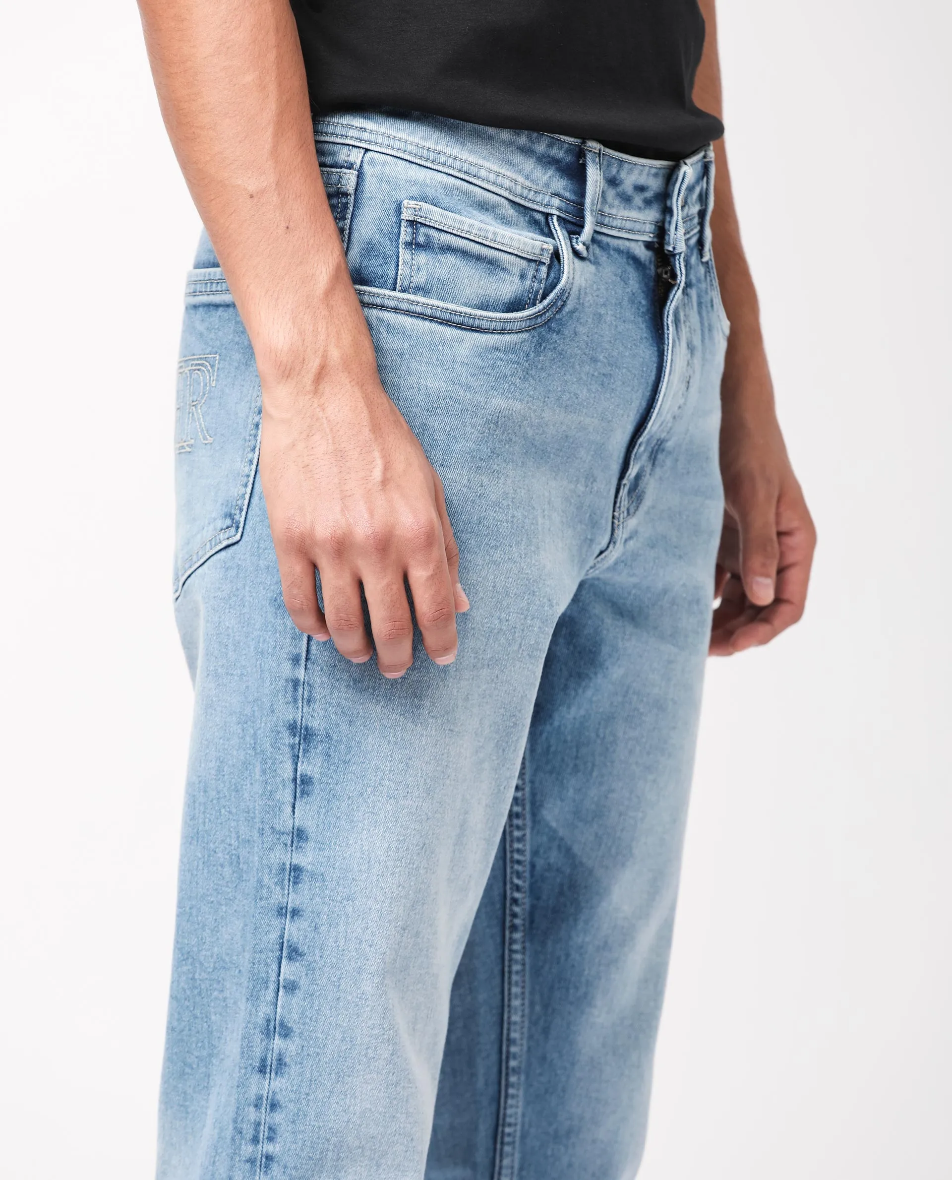 Rare Rabbit Men's Polin Light Blue Light Wash Mid-Rise Regular Fit Jeans