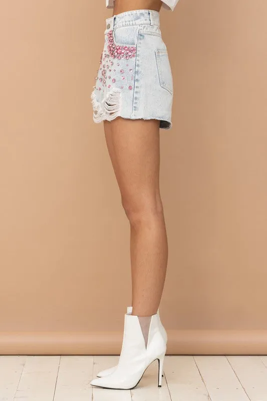 RHINESTONE GEM DENIM SHORTS