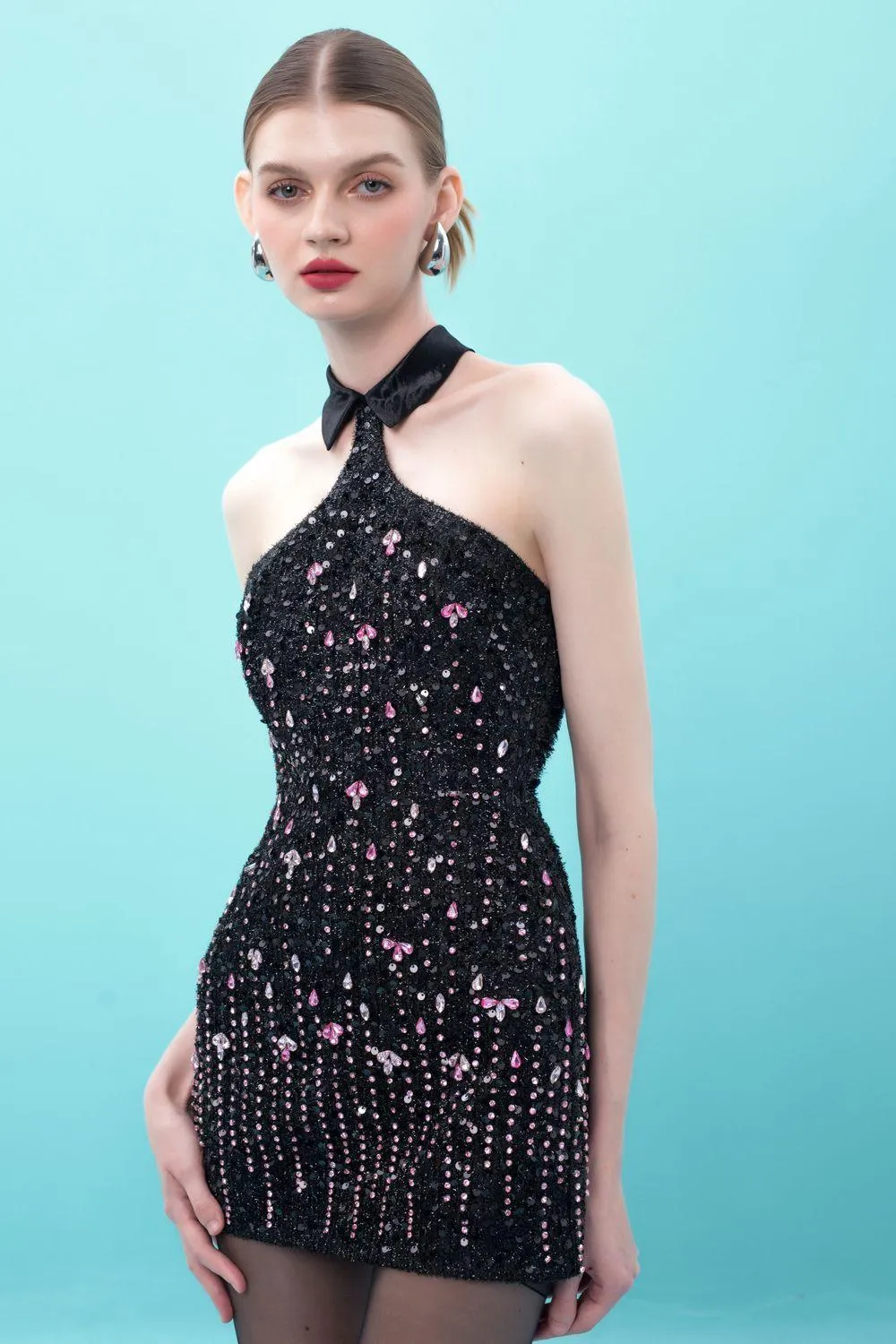 Saoirse Halter Collared Neck Sequin Mini Dress