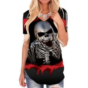 Skull T Shirt Women Punk Funny T shirts Blood T-shirts 3d Gesture V-neck Tshirt Metal Shirt Print