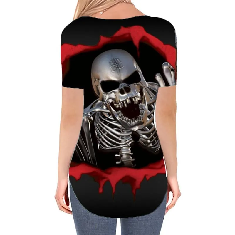 Skull T Shirt Women Punk Funny T shirts Blood T-shirts 3d Gesture V-neck Tshirt Metal Shirt Print