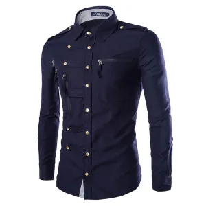 Slim Fit Zipped Pocket Shirts Navy