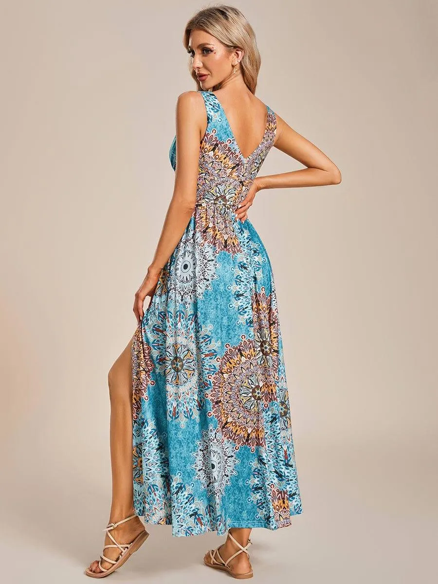 Summer Floral Sleeveless High-Slit Ankle Length Evening Dress