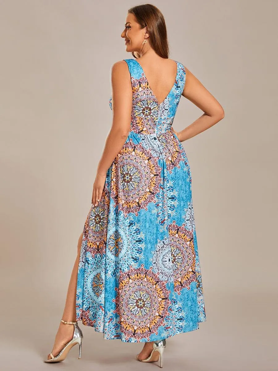 Summer Floral Sleeveless High-Slit Ankle Length Evening Dress