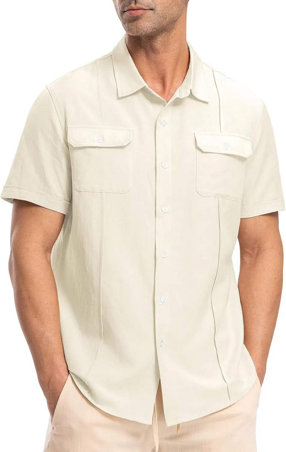TBMPOY Mens Linen Button Down Shirts Short Sleeve Summer Beach Shirt Casual Hawaiian Dress Shirts for Men with Two Pockets